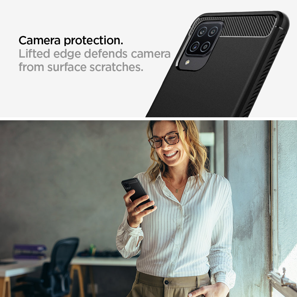ACS02786 - Galaxy A12 Case Rugged Armor in Matte Black showing the camera protection. Lifted edge defends camera from surface scratches
