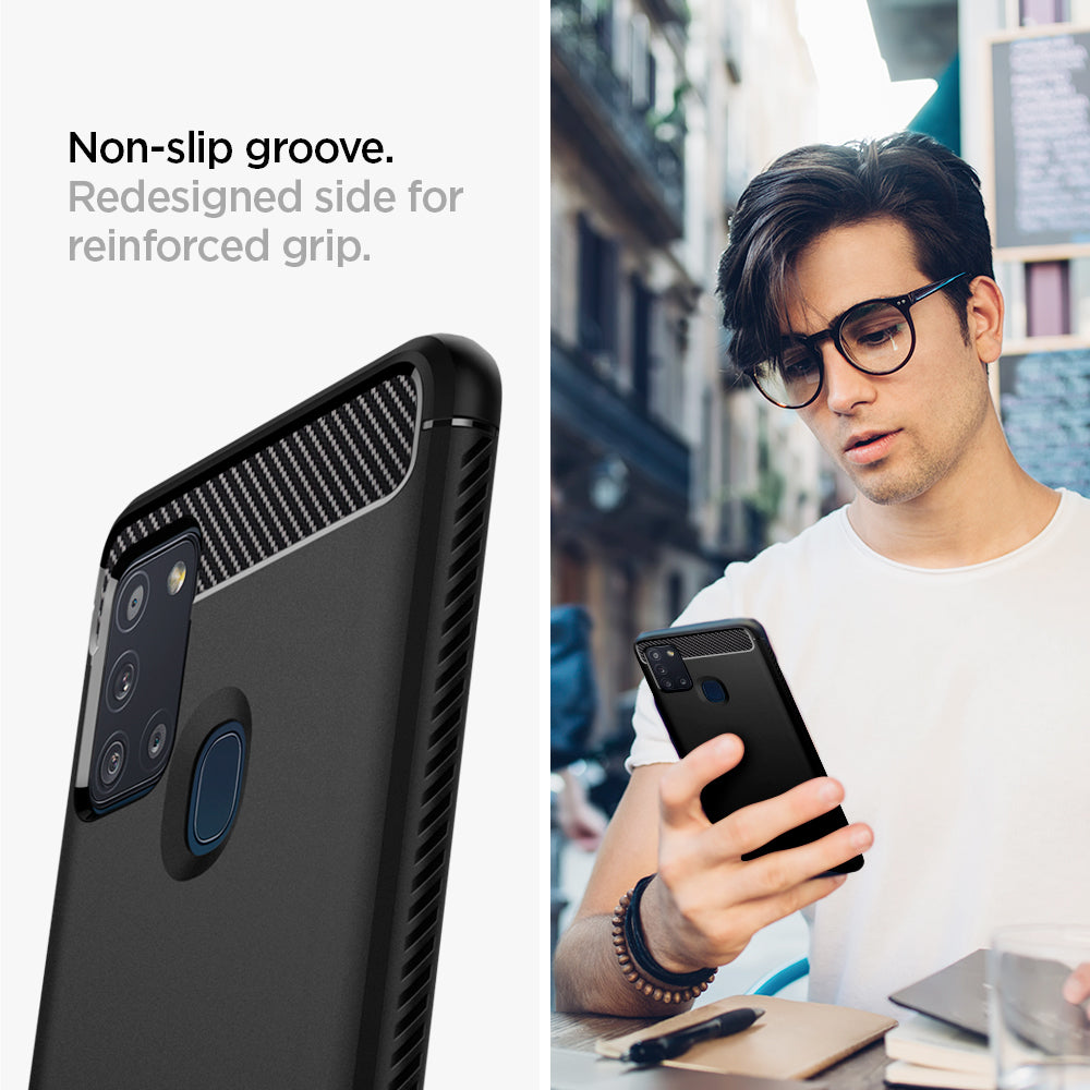 ACS00974 - Galaxy A21s Case Rugged Armor in Matte Black showing the non-slip groove. Redesigned side for reinforced grip
