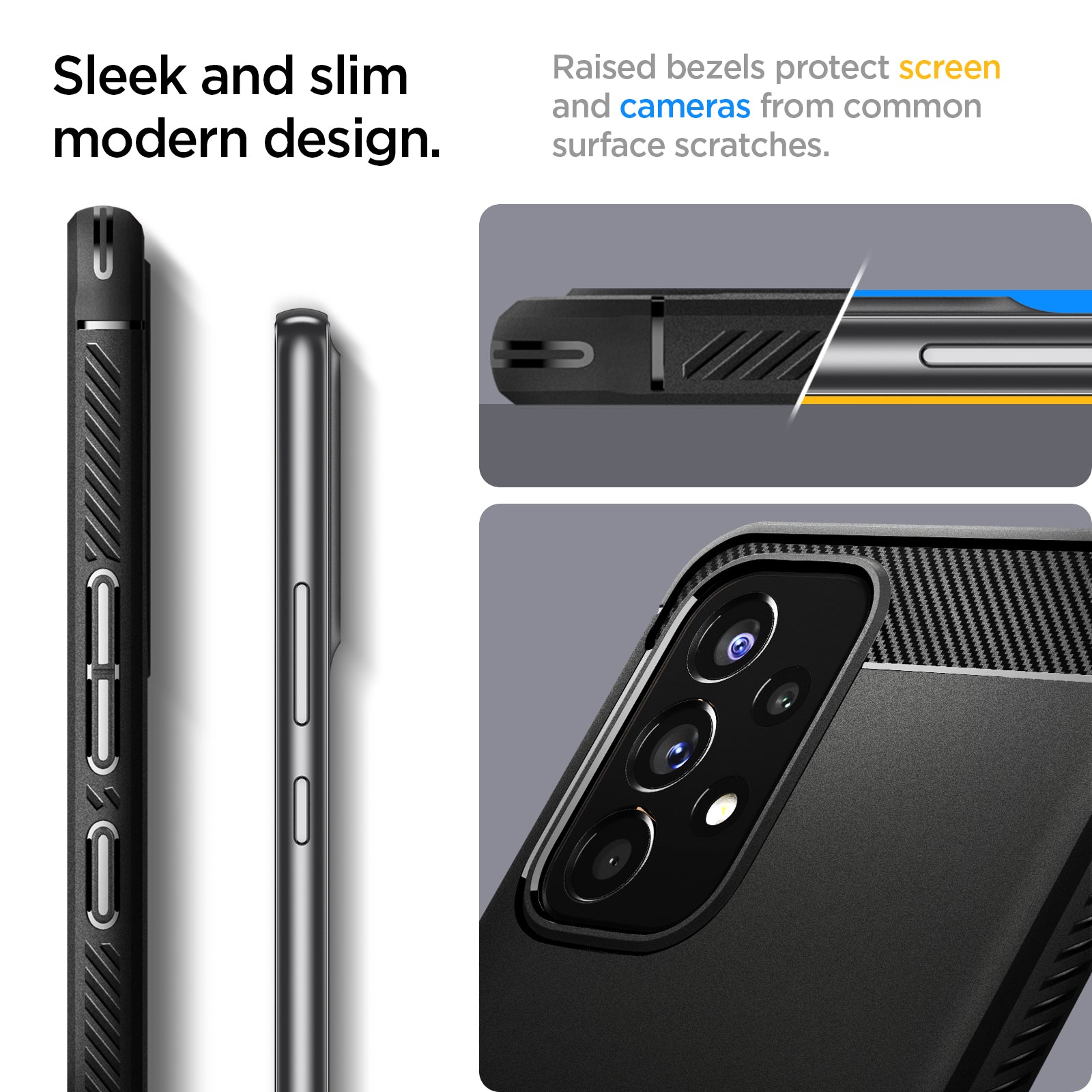 ACS04159 - Galaxy A53 5G Case Rugged Armor in Matte Black showing the sleek and slim modern design. Raised bezels protect screen and cameras from common surface scratches
