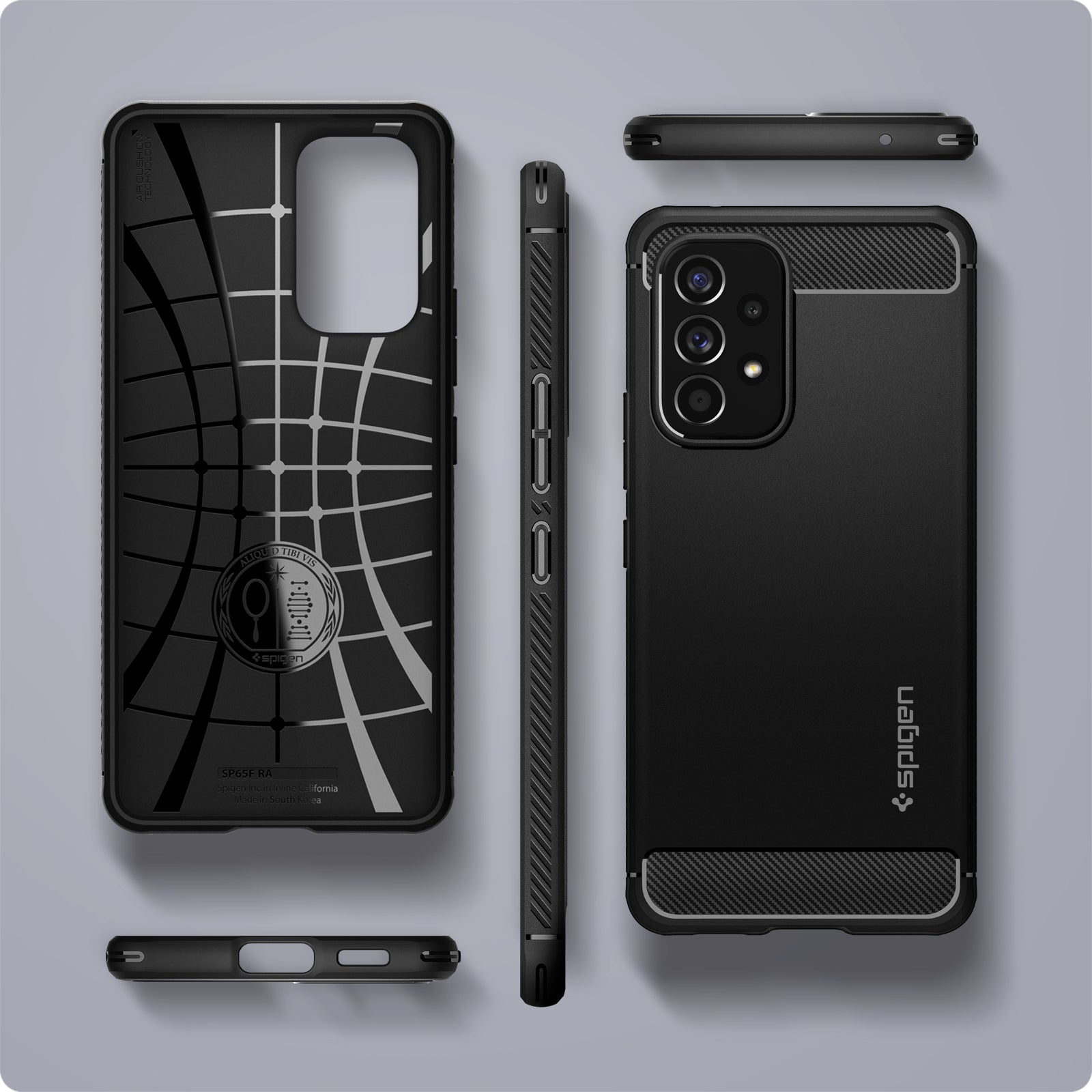 ACS04159 - Galaxy A53 5G Case Rugged Armor in Matte Black showing the inner, back, side, top and bottom