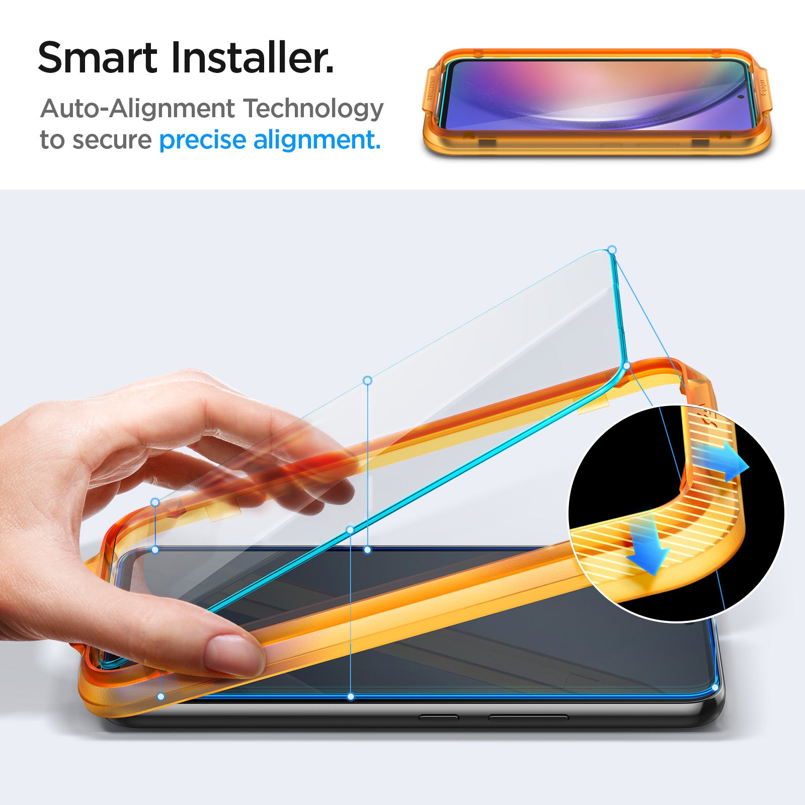 AGL05966 - Galaxy A54 5G Alignmaster Full Cover showing the smart installer. Auto-Alignment Technology to secure precise alignment