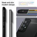 ACS02324 - Galaxy A72 Case Rugged Armor in Matte Black showing the sleek and slim modern design. Raised bezels protect screen and cameras from common surface scratches