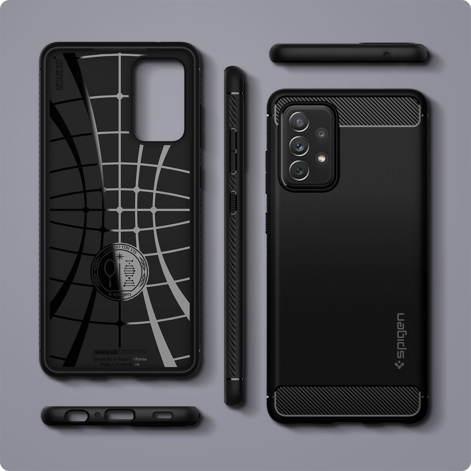 ACS02324 - Galaxy A72 Case Rugged Armor in Matte Black showing the back, inner, side, top and bottom