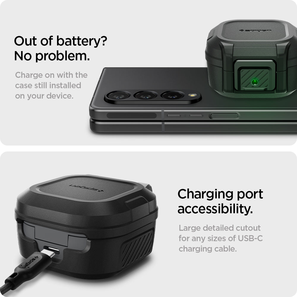 ACS05264 - Galaxy Buds 2 Pro / 2 / Pro / Live Case Lock Fit in matte black out of battery? no problem. charge on with the case still installed on your device. Charging port accessibility. Large detailed cutout for any sizes of usb-c charging cable.