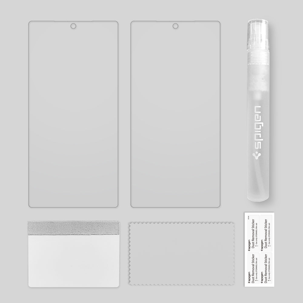 627FL27292 - Galaxy Note 10 Plus Neo Flex Screen Protector what's in the box. cleaning cloth, dust removal sticker.
