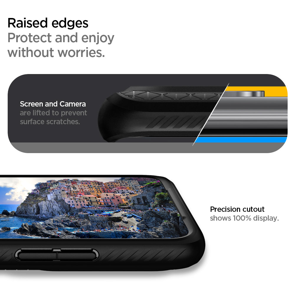 ACS00754 - Galaxy S20 Plus Liquid Air Case in black showing the raised edges. Protect and enjoy without worries. Screen and camera are lifted to prevent surface scratches. Precise cutout show 100% display