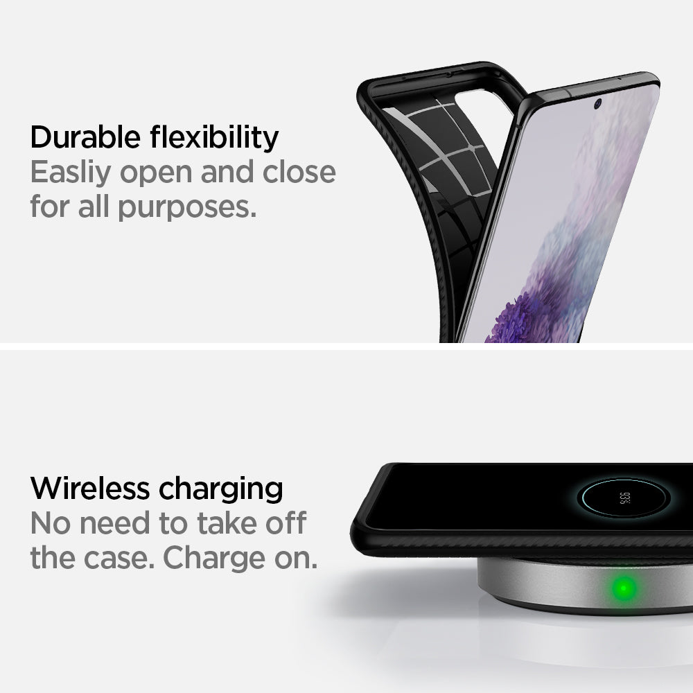 ACS00754 - Galaxy S20 Plus Liquid Air Case in black showing the durable flexibility. Easy open and close for all purposes. Wireless charging. No need to take off the case. Charge on