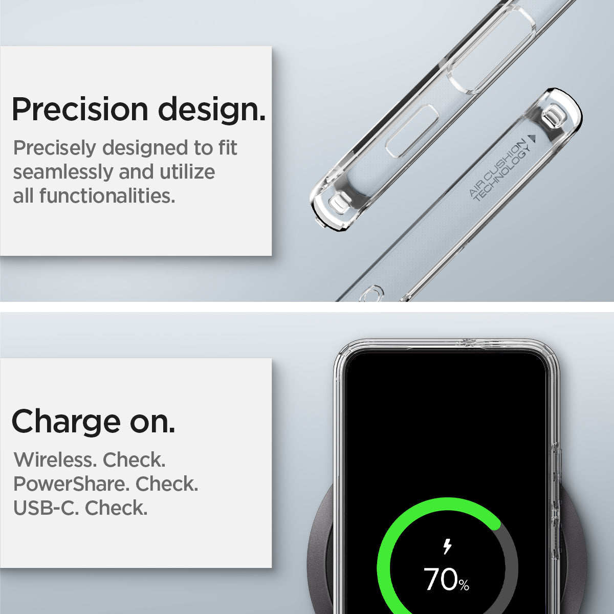 ACS03988 - Galaxy S22 5G Case Ultra Hybrid in crystal clear precision design. precisely designed to fit seamlessly and utilize all functionalities. charge on. powershare. wireless charge. USB-C cable.