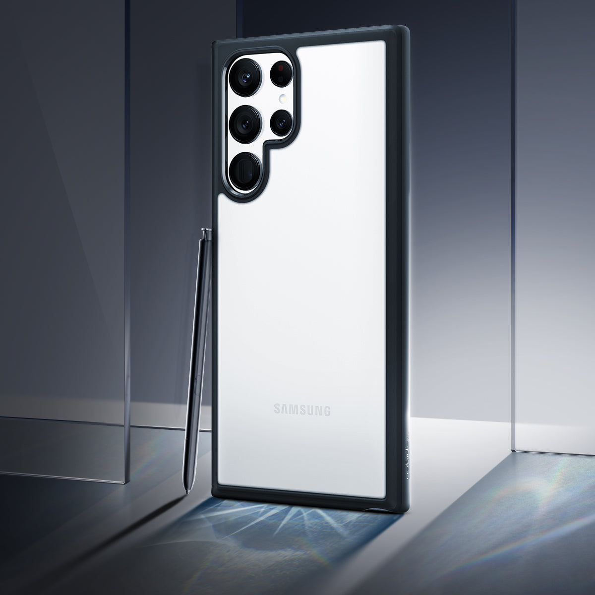 ACS03919 - Galaxy S22 Ultra 5G Case Ultra Hybrid in matte black showing back with the pen.