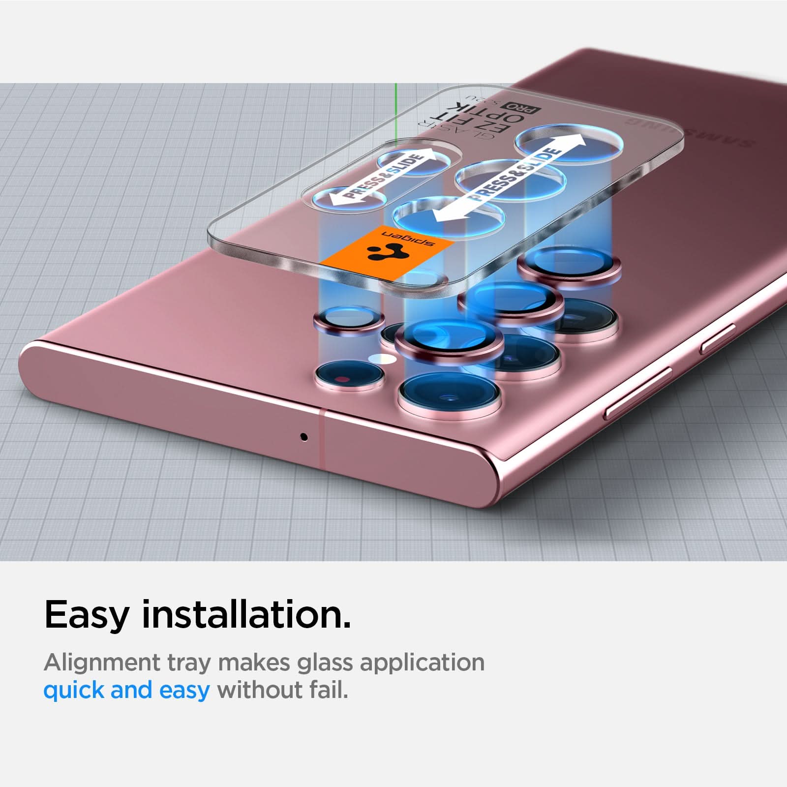 AGL04752 - Galaxy S22 Ultra EZ Fit Optik Pro Lens Protector Glass.tR in burgundy easy installation. alignment tray makes glass application quick and easy without fail.