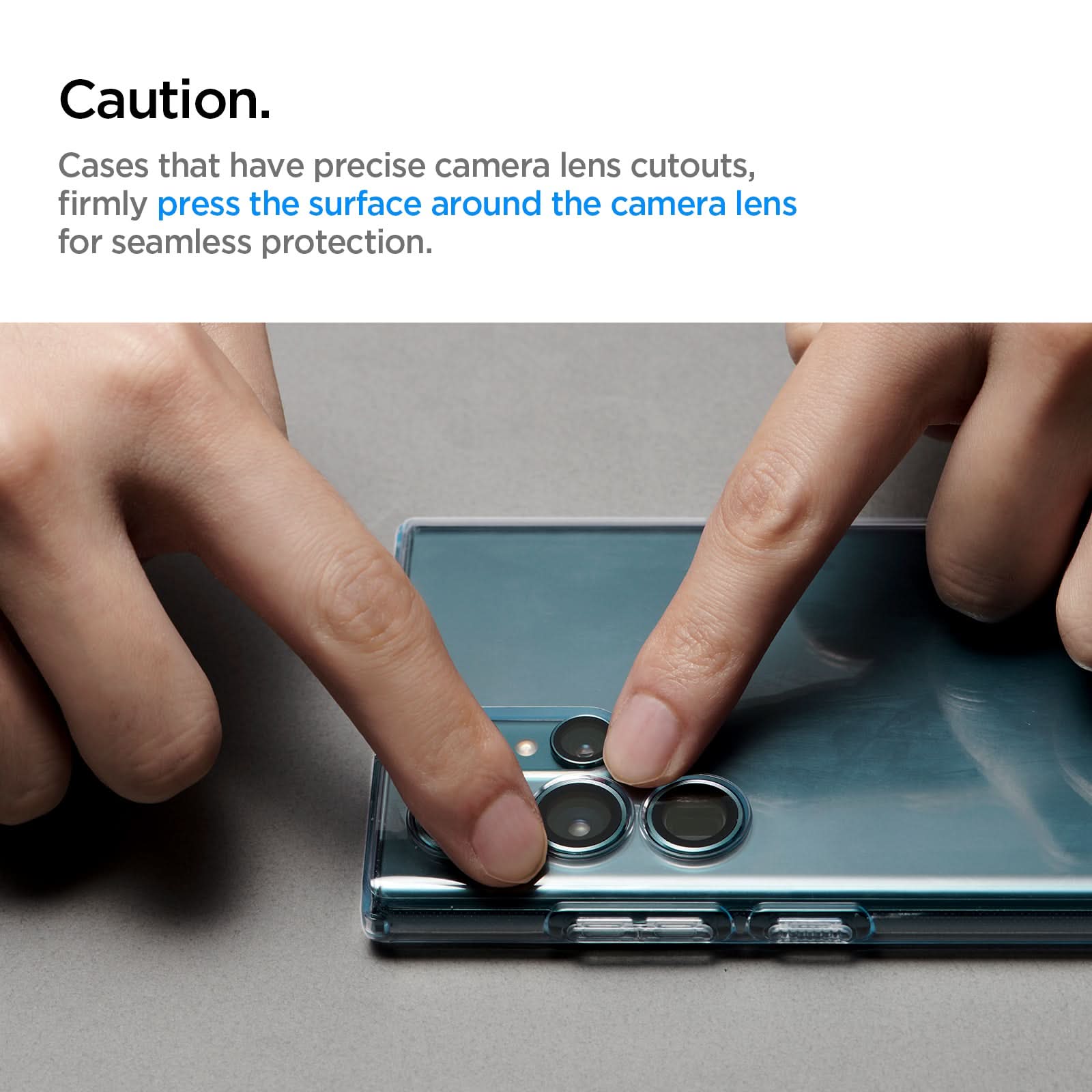 AGL04752 - Galaxy S22 Ultra EZ Fit Optik Pro Lens Protector Glass.tR in burgundy caution cases that have precise camera lens cutouts, firmly press the surface around the camera lens for seamless protection.