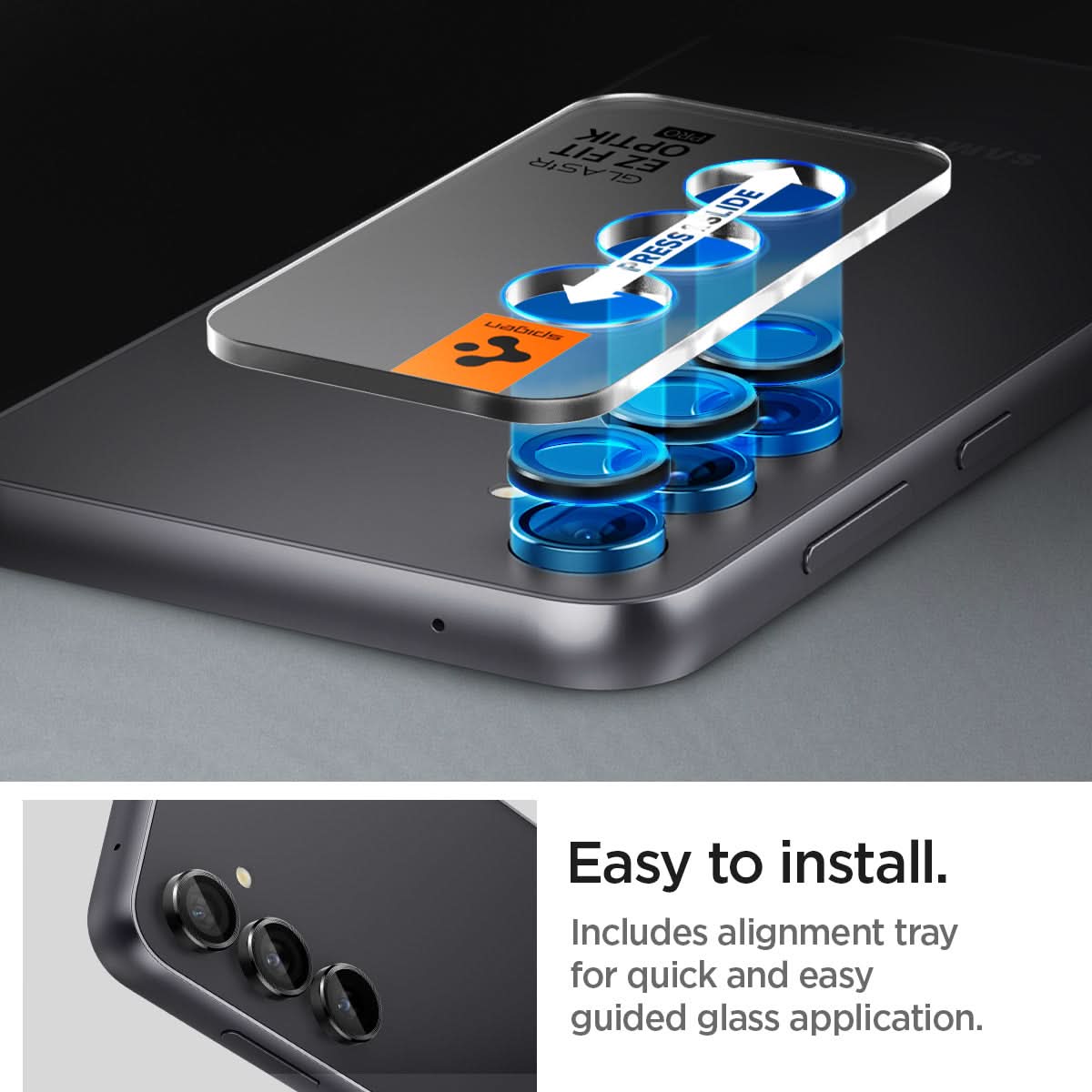 AGL06987 - Galaxy S23 FE EZ Fit Optik Pro Lens Protector in black easy to install. Includes alignment tray for quick and easy guided glass application.