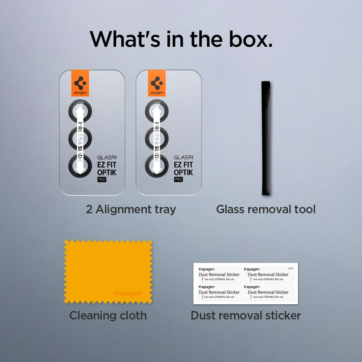AGL06987 - Galaxy S23 FE EZ Fit Optik Pro Lens Protector in black what's in the box. 2 alignment tray, glass removal tool, cleaning cloth, dust removal sticker.