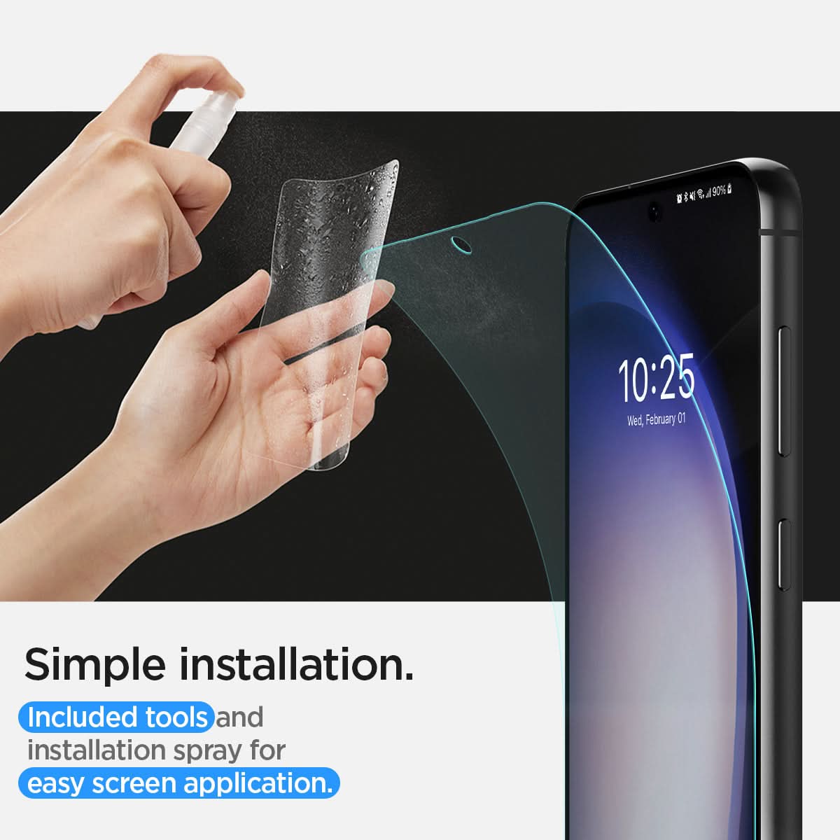 AFL05957 - Galaxy S23 Screen Protector Neo Flex Solid simple installation. Included tools and installation spray for easy screen application.