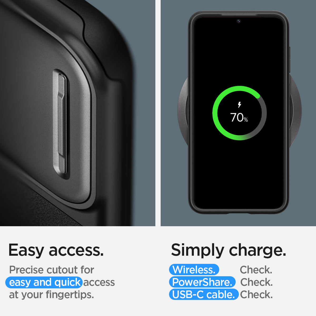 ACS05687 - Galaxy S23 Plus Case Optik Armor in black easy access. Precise cutout for easy and quick access at your fingertips. Simply charge wireless check. power share check. USB-C cable.