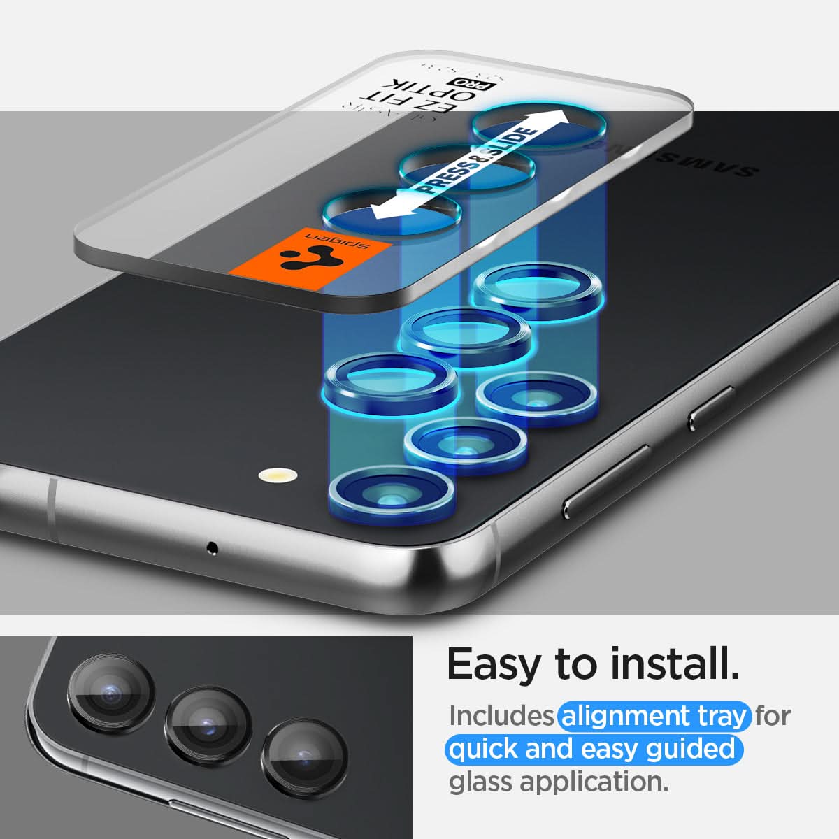 AGL05962 - Galaxy S23 Plus / S23 EZ Fit Optik Pro Lens Protector in black easy to install. Includes alignment tray for quick and easy guided glass application.
