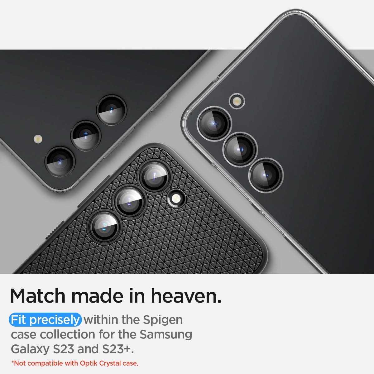 AGL05962 - Galaxy S23 Plus / S23 EZ Fit Optik Pro Lens Protector in black match made in heaven. fit precisely within the spigen case collection for the spigen case collection for the samsung galaxy S23 and S23+. *Not compatible with optik crystal case
