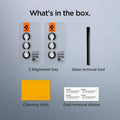 AGL05962 - Galaxy S23 Plus / S23 EZ Fit Optik Pro Lens Protector in black what's in the box. 2 alignment tray, glass removal tool, cleaning cloth, dust removal sticker.