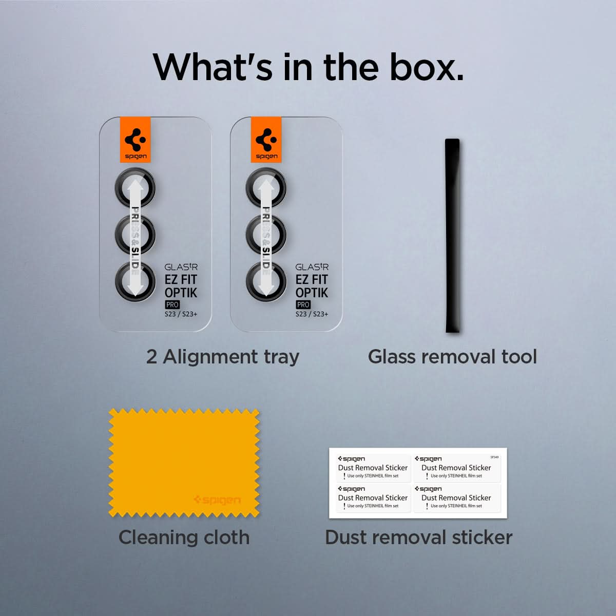 AGL05962 - Galaxy S23 Plus / S23 EZ Fit Optik Pro Lens Protector in black what's in the box. 2 alignment tray, glass removal tool, cleaning cloth, dust removal sticker.