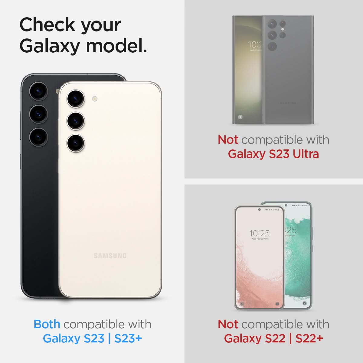 AGL06169 - Galaxy S23 Plus / S23 EZ Fit Optik Pro Lens Protector in cream check your galaxy model. Both compatible with galaxy S23, S23+. Not compatible with Galaxy S23 Ultra. Not compatible with galaxy S22,S22+.