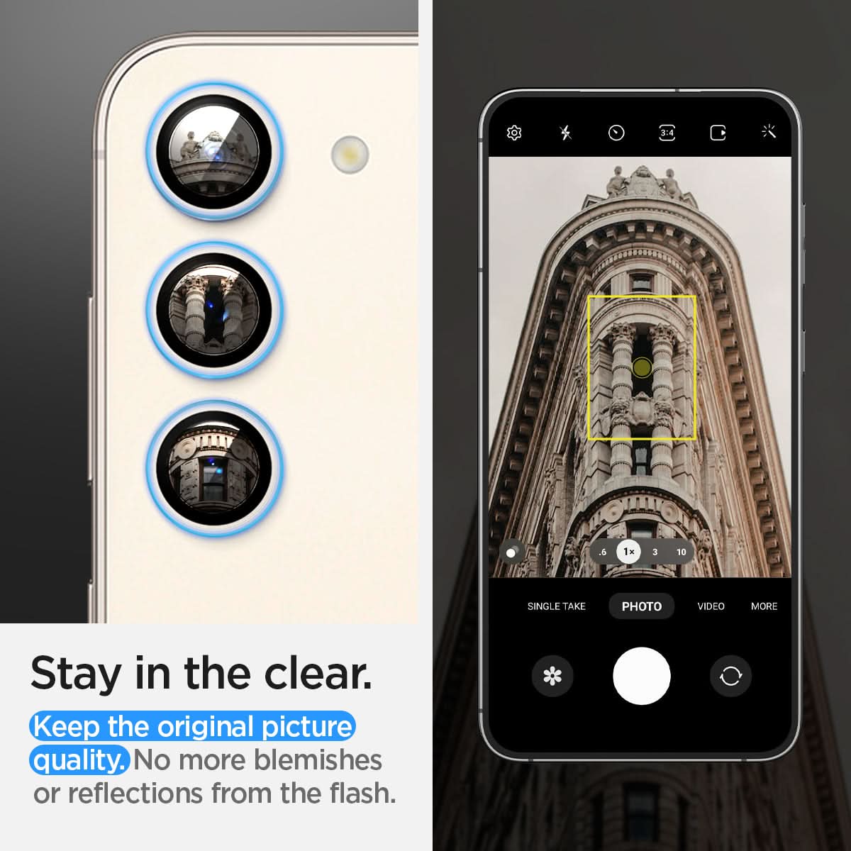 AGL06169 - Galaxy S23 Plus / S23 EZ Fit Optik Pro Lens Protector in cream stay in the clear. keep the original picture quality. No more blemishes or reflections from the flash.