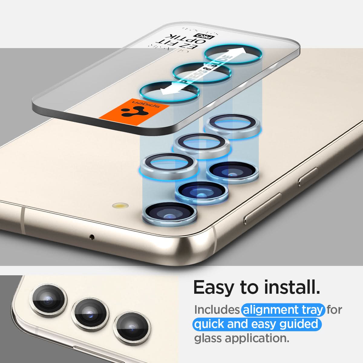 AGL06169 - Galaxy S23 Plus / S23 EZ Fit Optik Pro Lens Protector in cream easy to install. Includes alignment tray for quick and easy guided glass application.