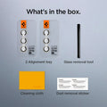 AGL06169 - Galaxy S23 Plus / S23 EZ Fit Optik Pro Lens Protector in cream what's in the box. 2 alignment tray, glass removal tool, cleaning cloth, dust removal sticker.