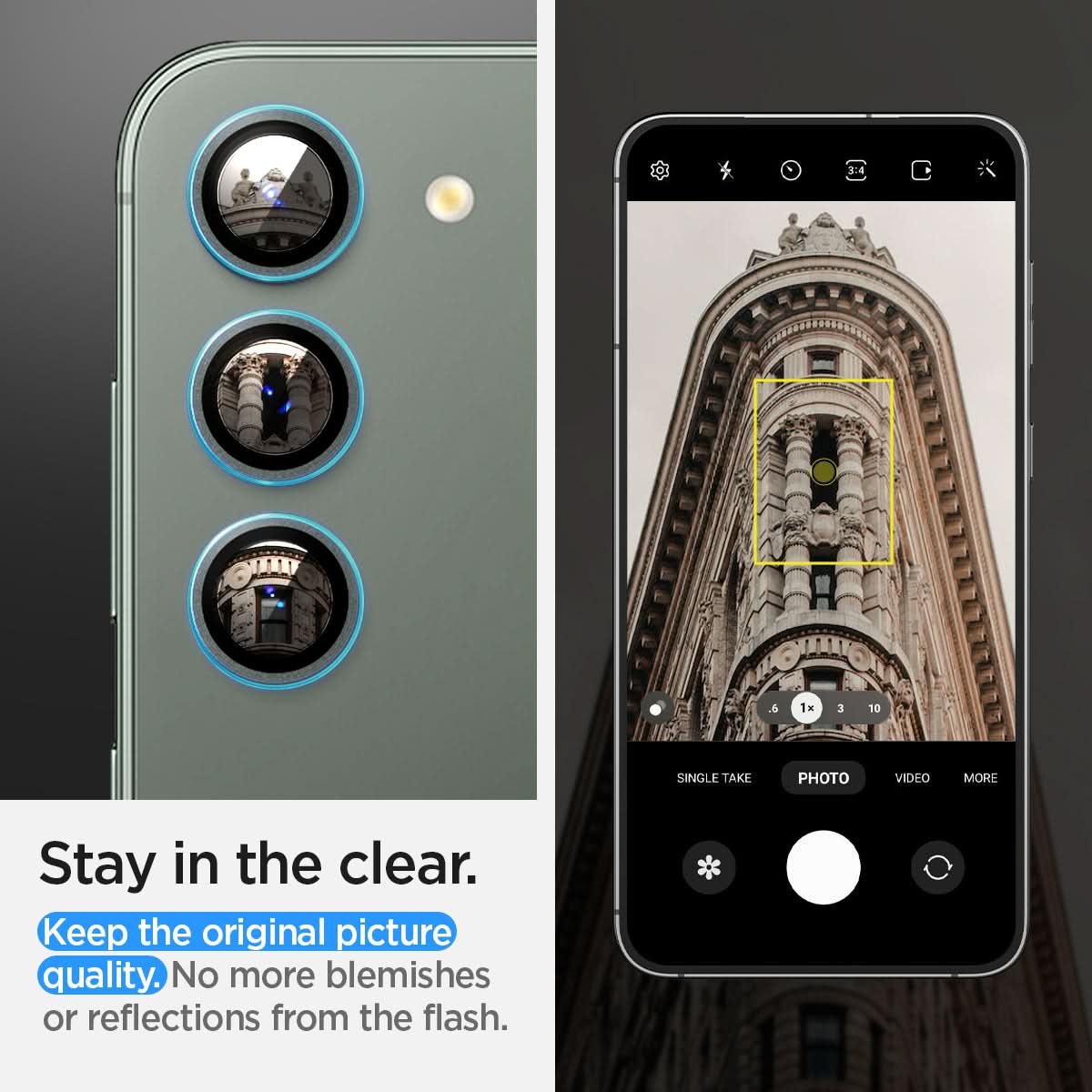 AGL06170 - Galaxy S23 Plus / S23 EZ Fit Optik Pro Lens Protector in green stay in the clear. keep the original picture quality. No more blemishes or reflections from the flash.