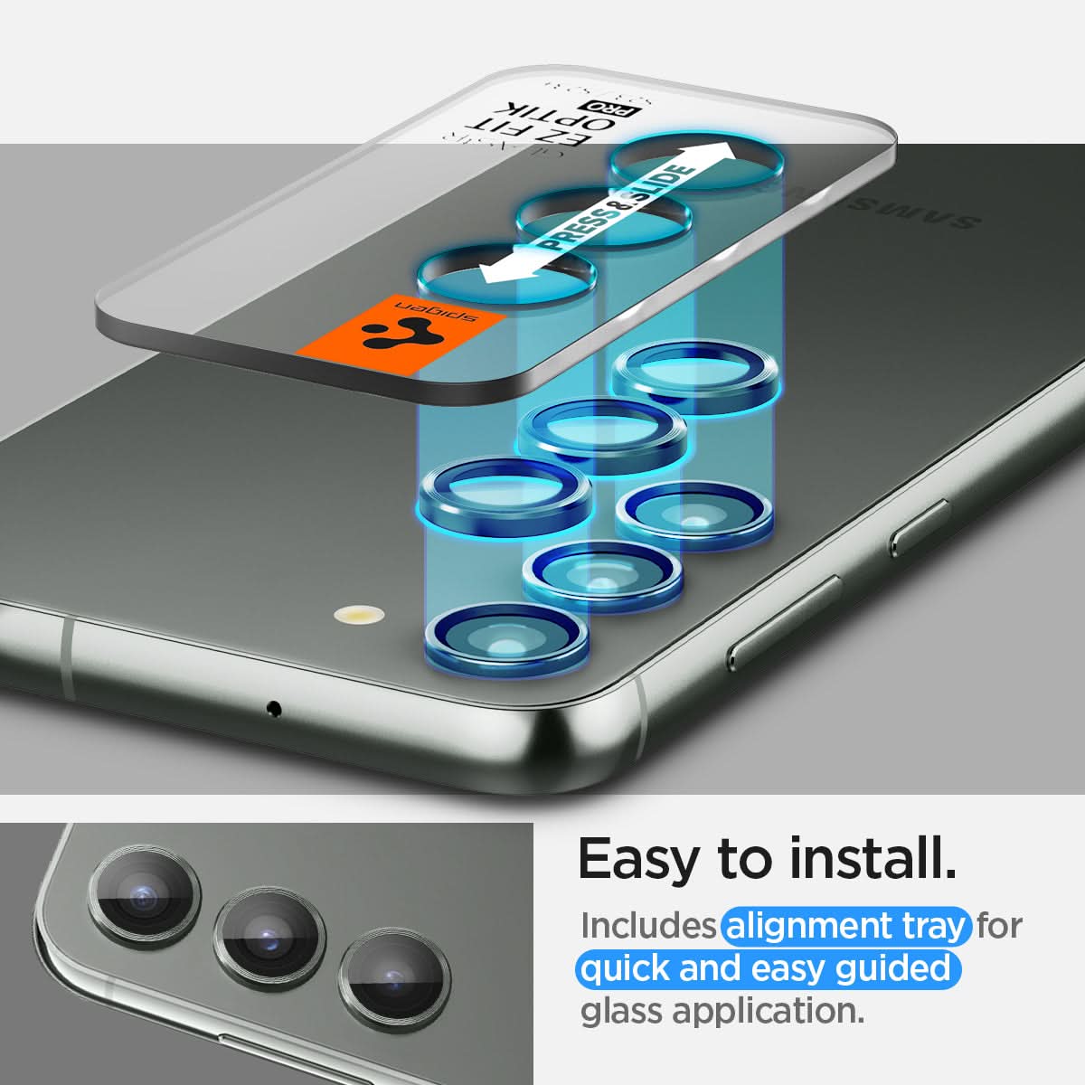 AGL06170 - Galaxy S23 Plus / S23 EZ Fit Optik Pro Lens Protector in green easy to install. Includes alignment tray for quick and easy guided glass application.