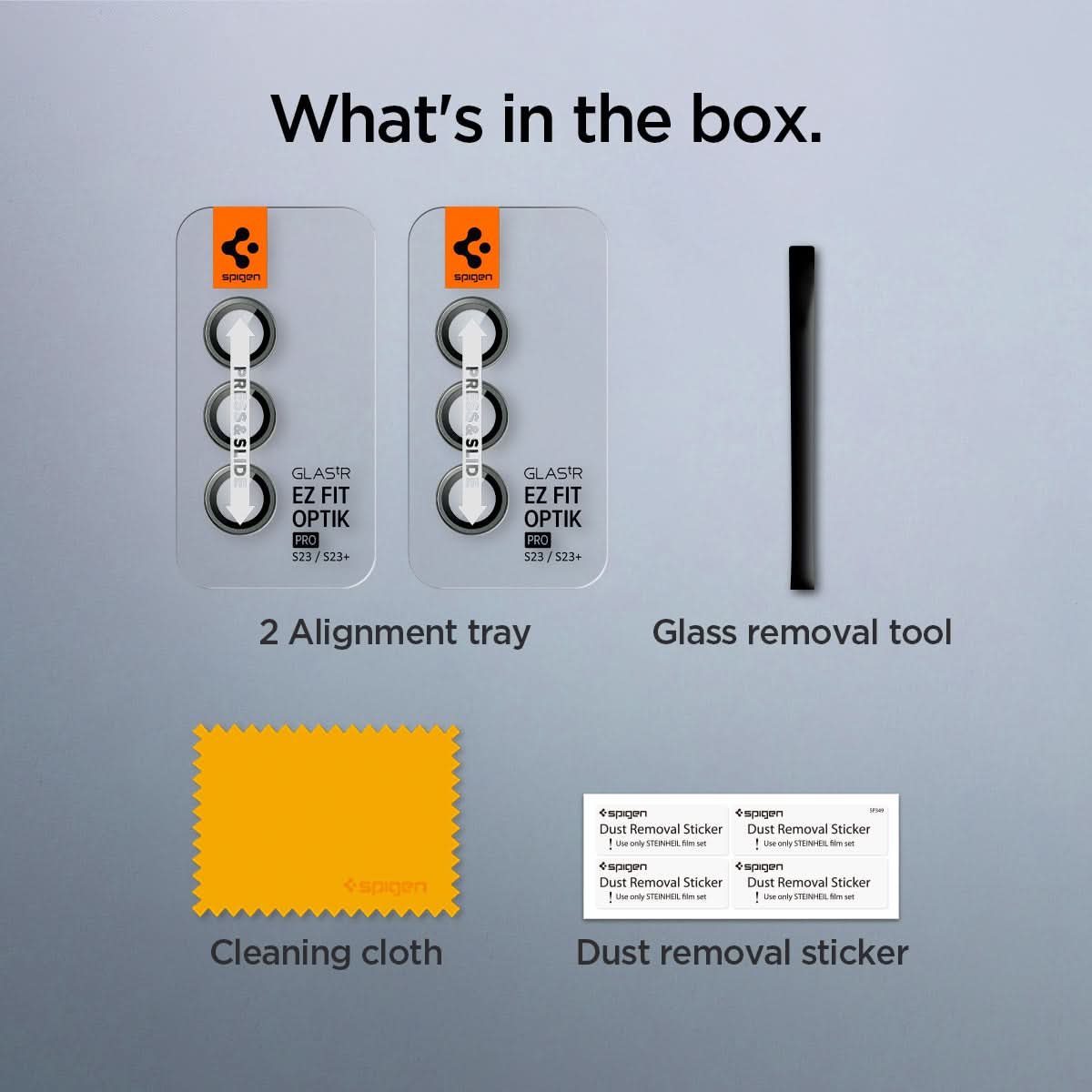 AGL06170 - Galaxy S23 Plus / S23 EZ Fit Optik Pro Lens Protector in green what's in the box. 2 alignment tray, glass removal tool, cleaning cloth, dust removal sticker.