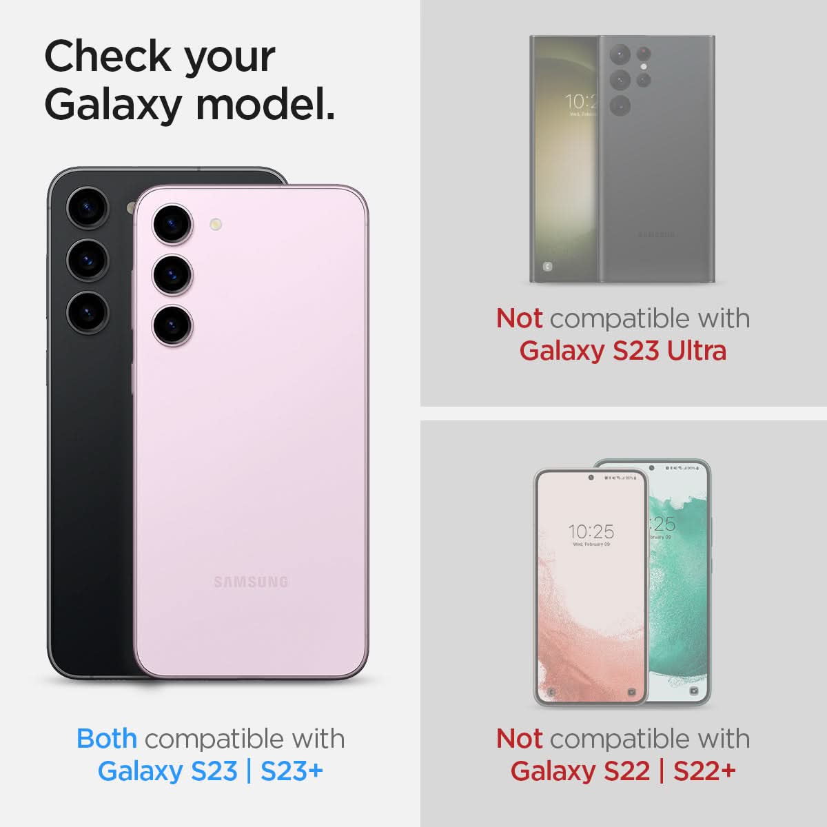 AGL06171 - Galaxy S23 Plus / S23 EZ Fit Optik Pro Lens Protector in lavender check your galaxy model. Both compatible with galaxy S23, S23+. Not compatible with Galaxy S23 Ultra. Not compatible with galaxy S22,S22+.