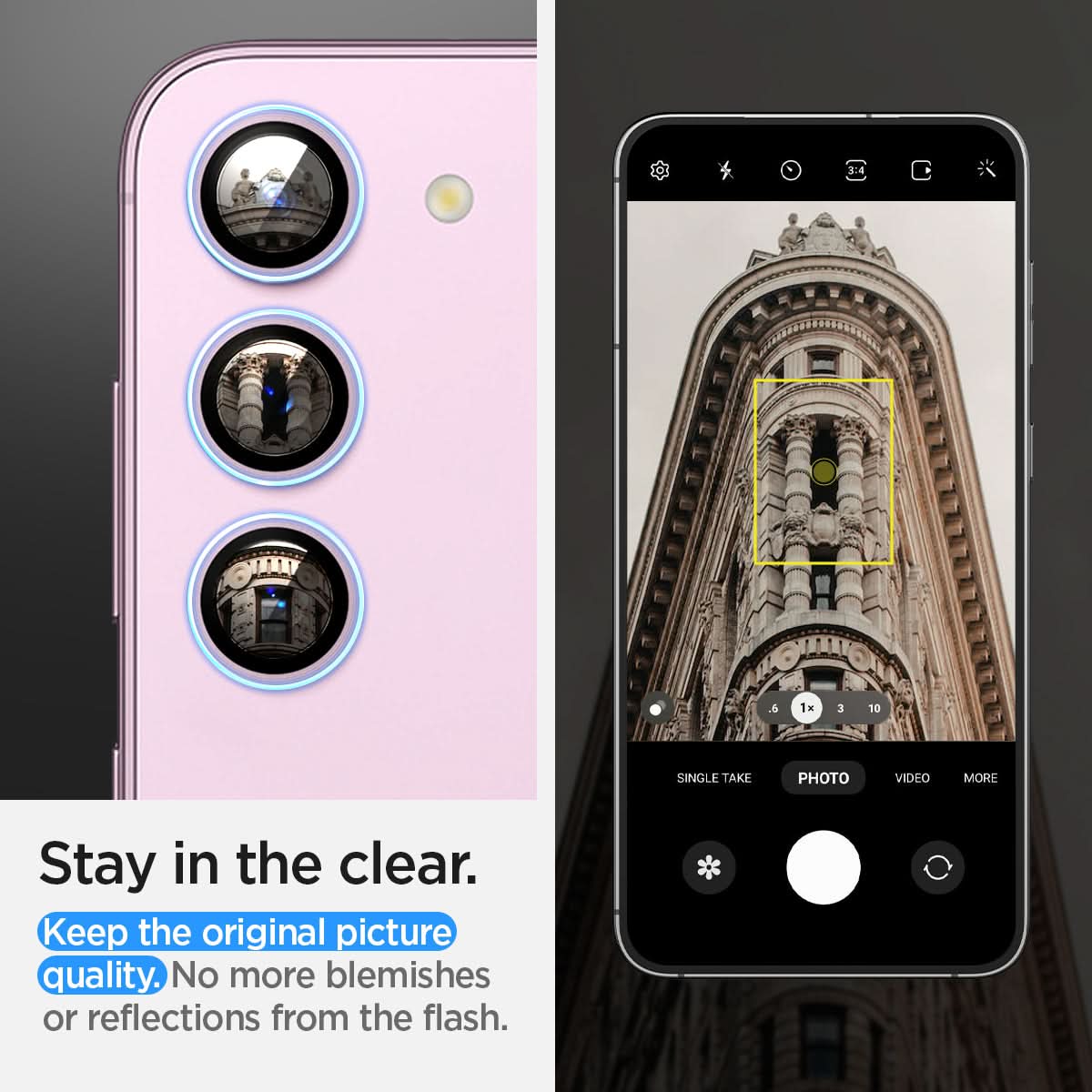 AGL06171 - Galaxy S23 Plus / S23 EZ Fit Optik Pro Lens Protector in lavender stay in the clear. keep the original picture quality. No more blemishes or reflections from the flash.