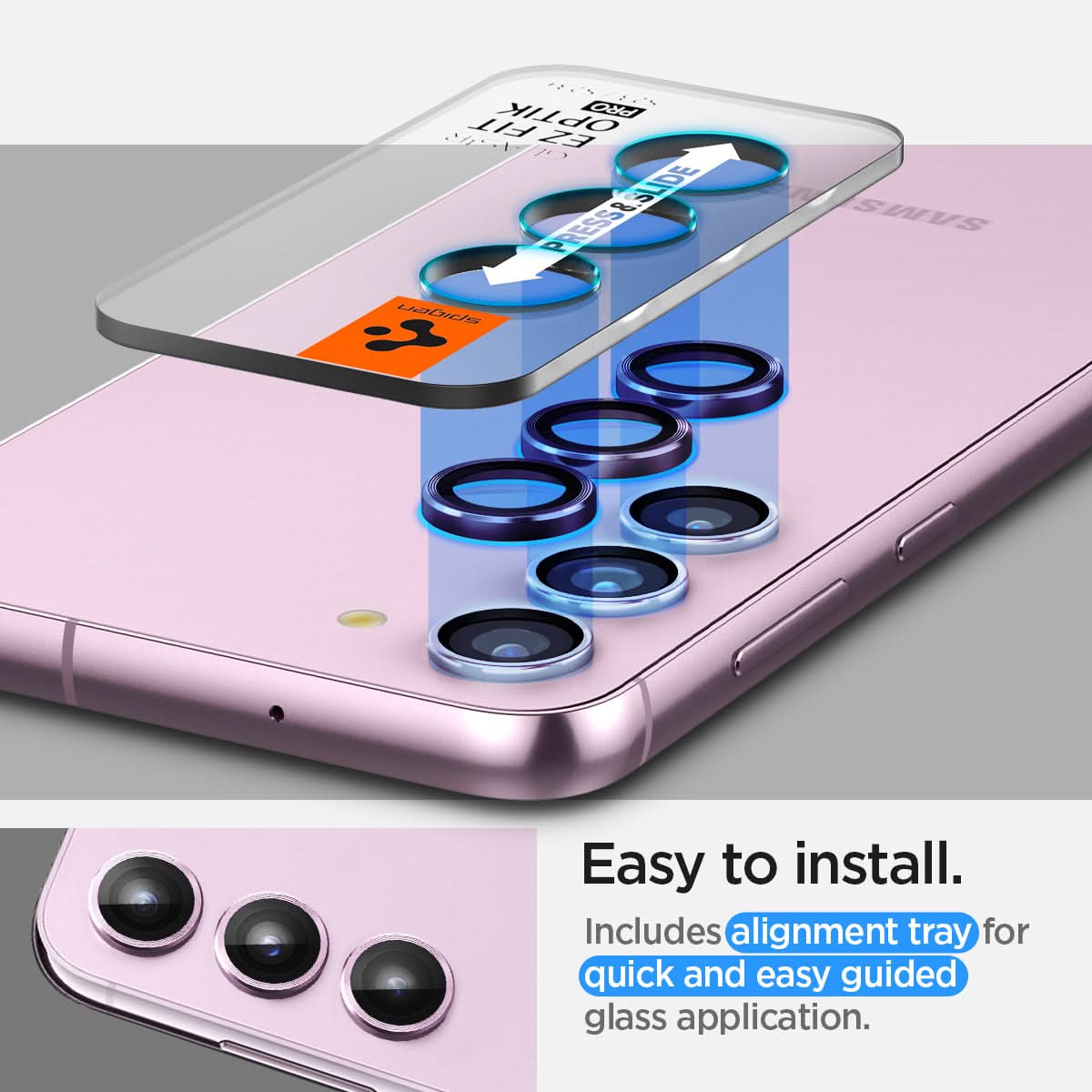 AGL06171 - Galaxy S23 Plus / S23 EZ Fit Optik Pro Lens Protector in lavender easy to install. Includes alignment tray for quick and easy guided glass application.