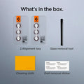 AGL06171 - Galaxy S23 Plus / S23 EZ Fit Optik Pro Lens Protector in lavender what's in the box. 2 alignment tray, glass removal tool, cleaning cloth, dust removal sticker.