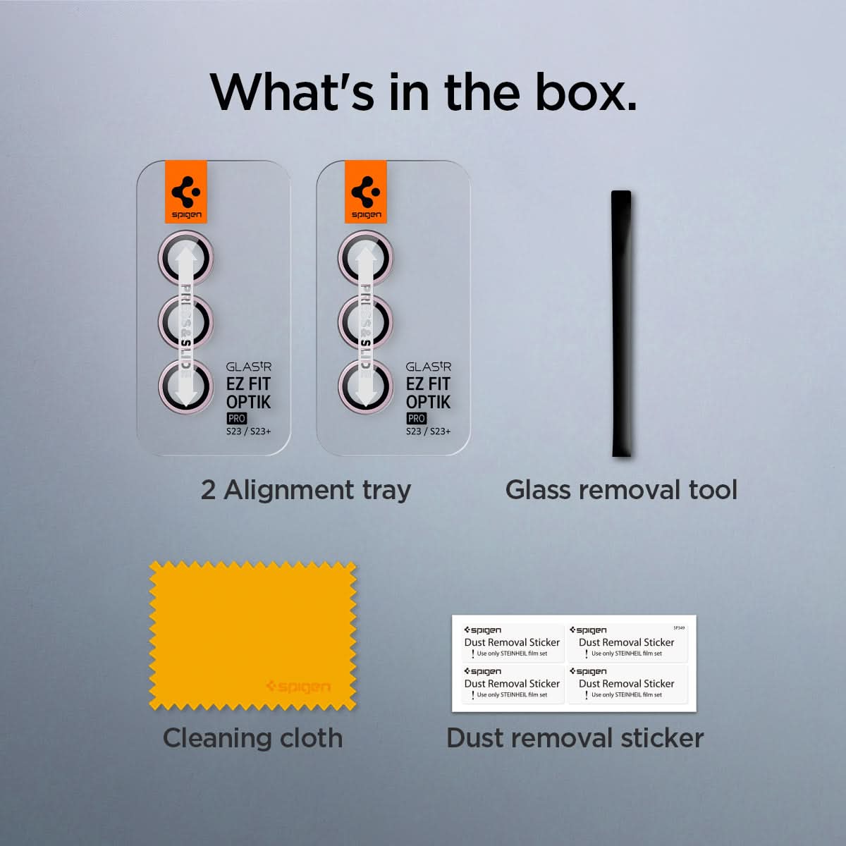 AGL06171 - Galaxy S23 Plus / S23 EZ Fit Optik Pro Lens Protector in lavender what's in the box. 2 alignment tray, glass removal tool, cleaning cloth, dust removal sticker.