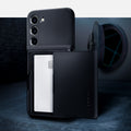 ACS05676 - Galaxy S23 Plus Case Slim Armor CS in black showing back and card in the case.