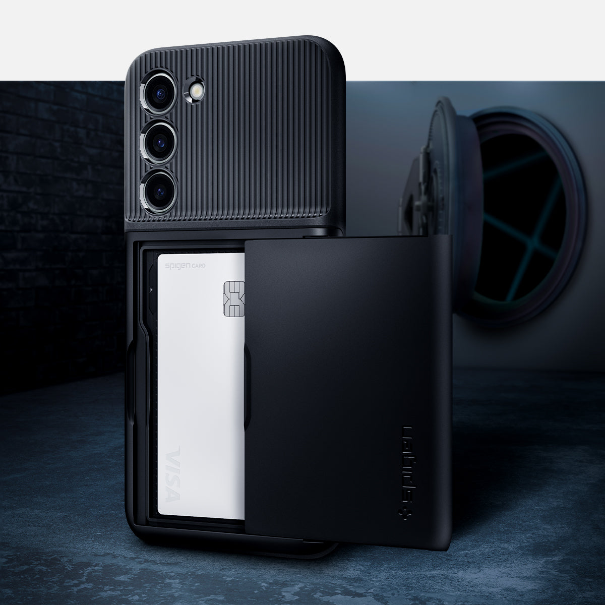 ACS05676 - Galaxy S23 Plus Case Slim Armor CS in black showing back and card in the case.