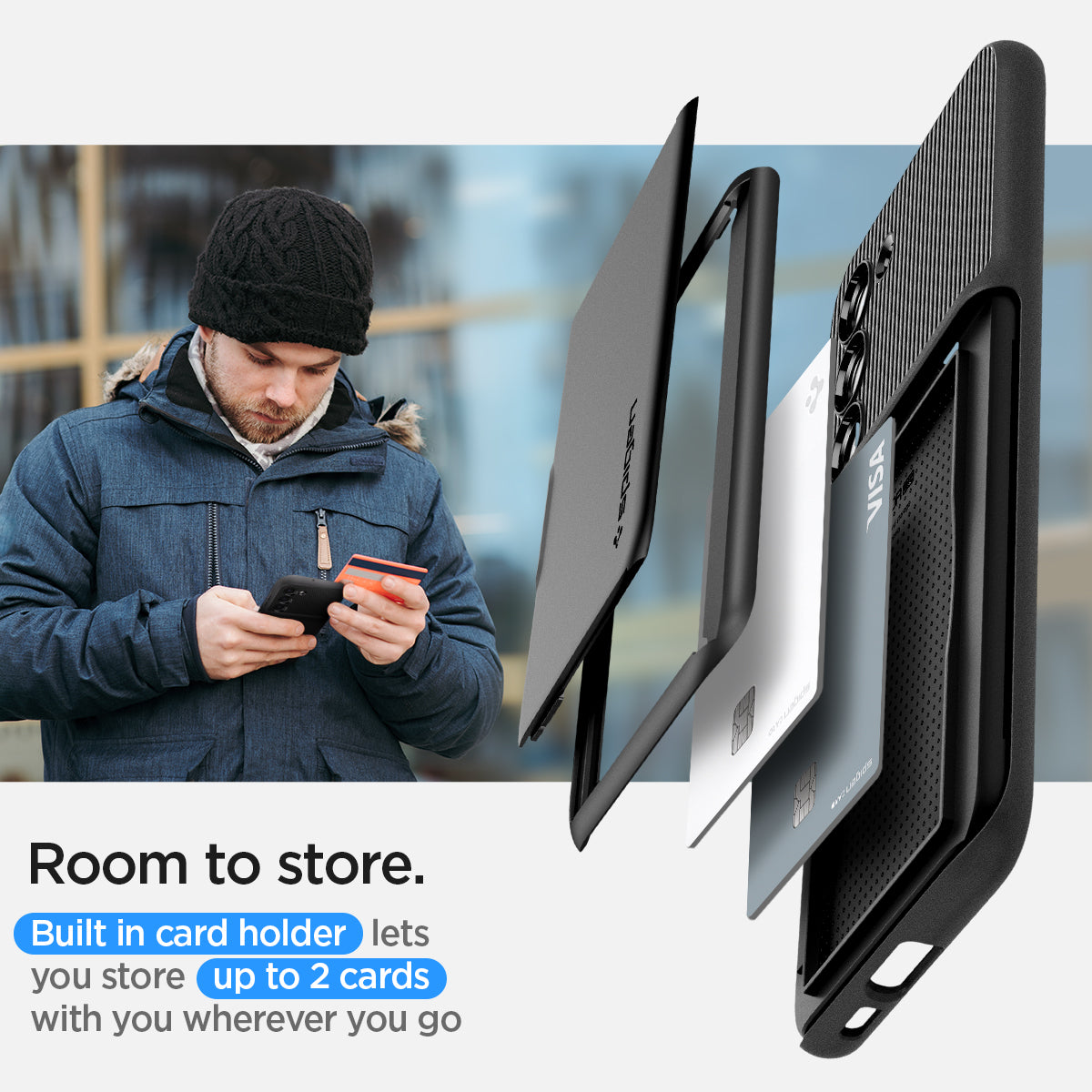 ACS05676 - Galaxy S23 Plus Case Slim Armor CS in black room to store. Built in card holder lets you store up to 2 cards with you wherever you go.