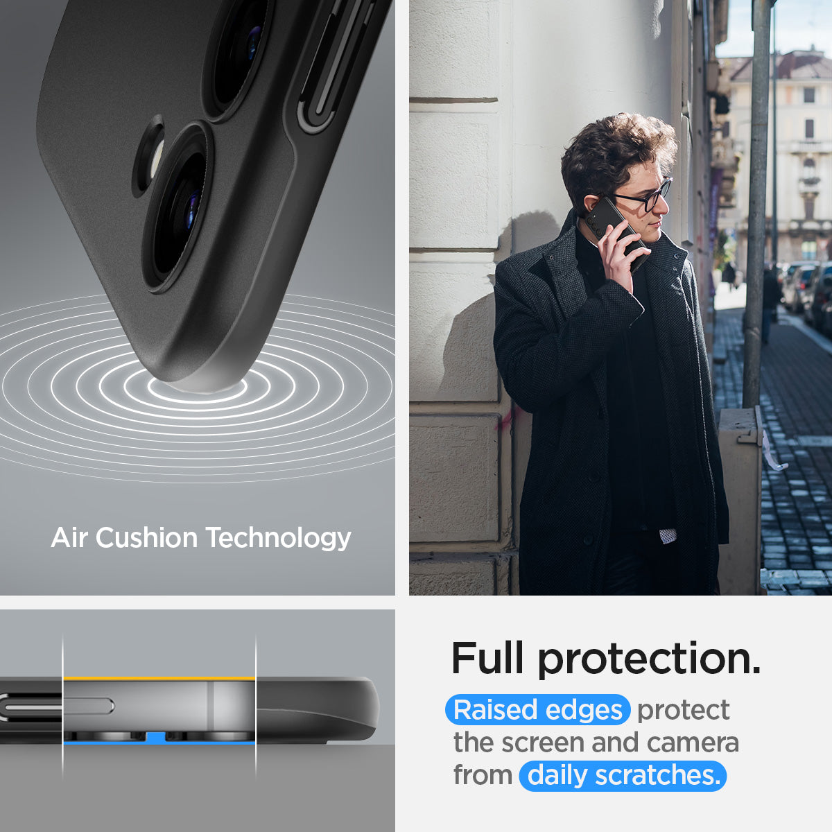ACS05661 - Galaxy S23 Plus Case Thin Fit in black showing the full protection. Raised edges protect the screen and camera from daily scratches with Air Cushion Technology