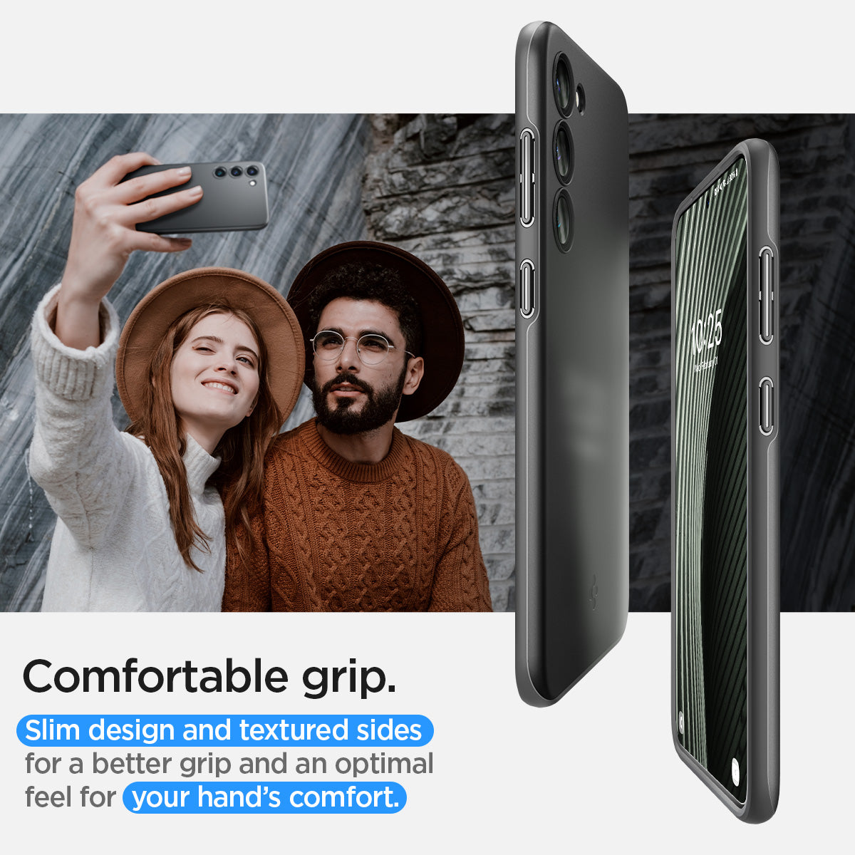 ACS05661 - Galaxy S23 Plus Case Thin Fit in black showing the comfortable grip. Slim design and textured sides for a better grip and an optional feel for your hand's comfort