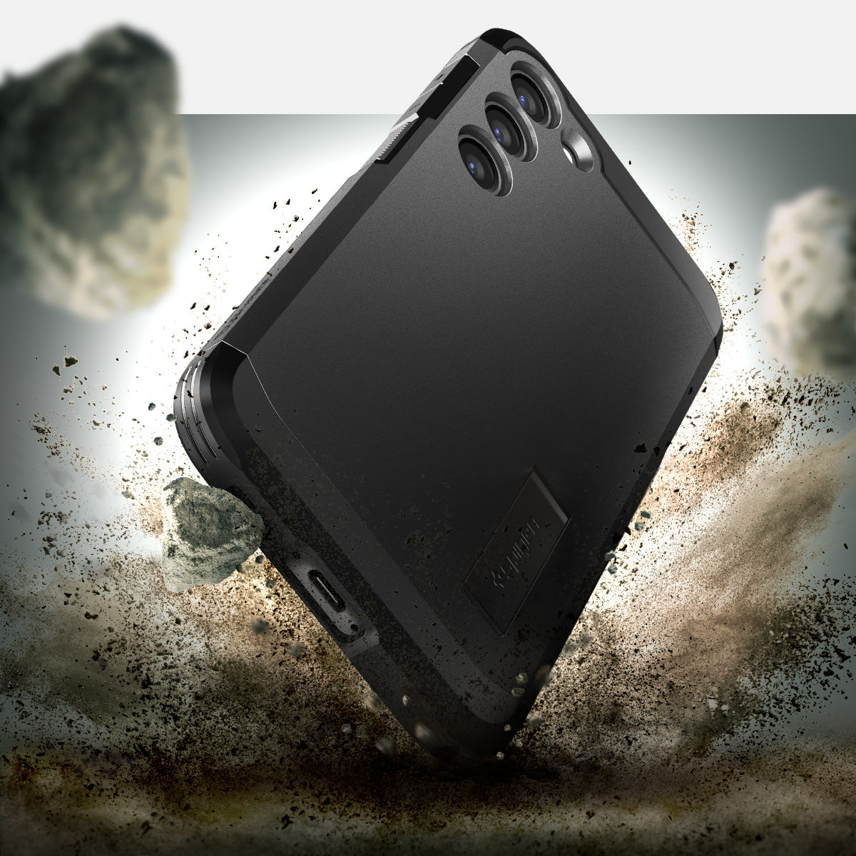 ACS05672 - Galaxy S23 Plus Case Tough Armor in black showing back in front of the rock.