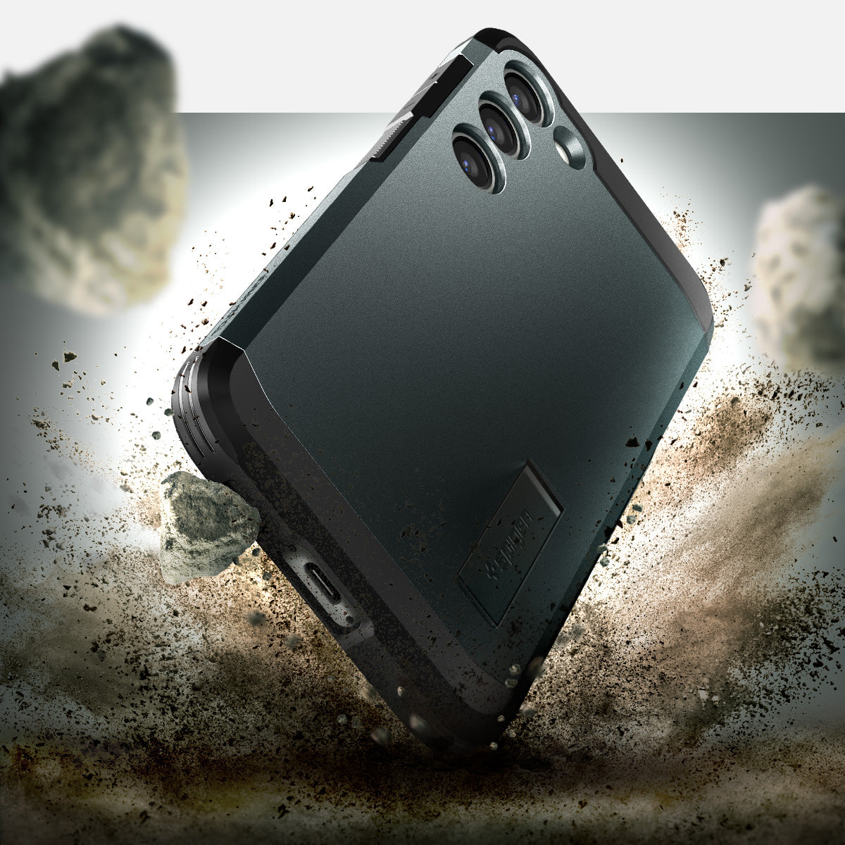 ACS06082 - Galaxy S23 Plus Case Tough Armor in abyss green showing back in front of the rock.