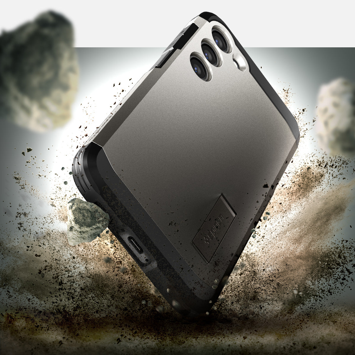 ACS05673 - Galaxy S23 Plus Case Tough Armor in gunmetal showing back in front of the rock.