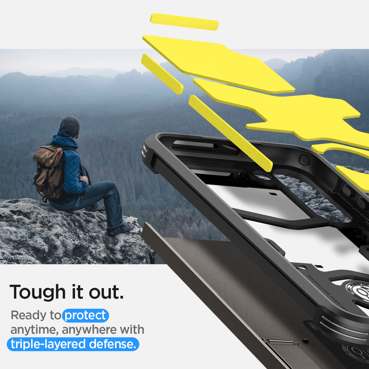ACS05673 - Galaxy S23 Plus Case Tough Armor in gunmetal tough it out. Ready to protect anytime , anywhere with tripe layered defense.