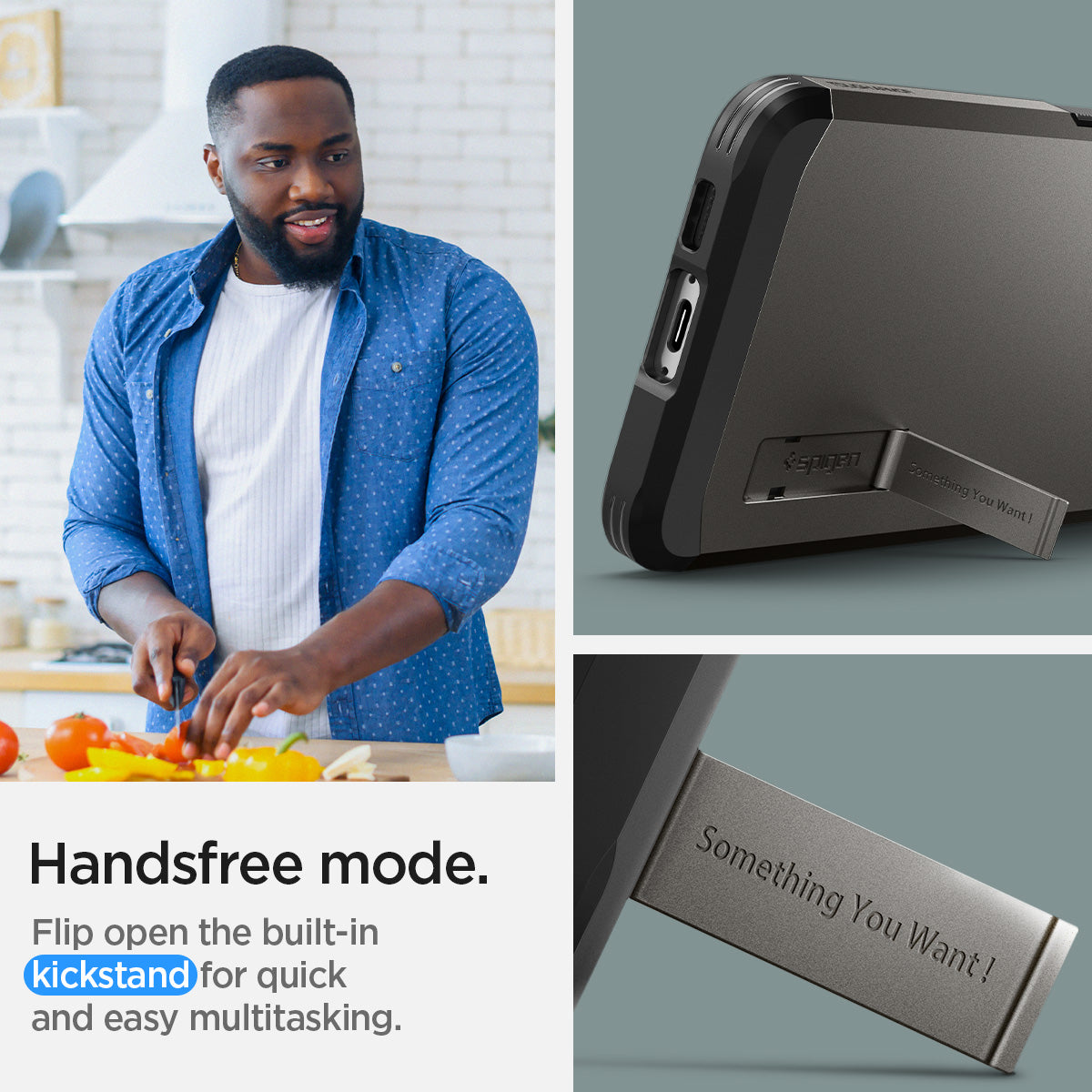 ACS05673 - Galaxy S23 Plus Case Tough Armor in gunmetal handsfree mode. Flip open the kickstand for quick and easy multitasking.