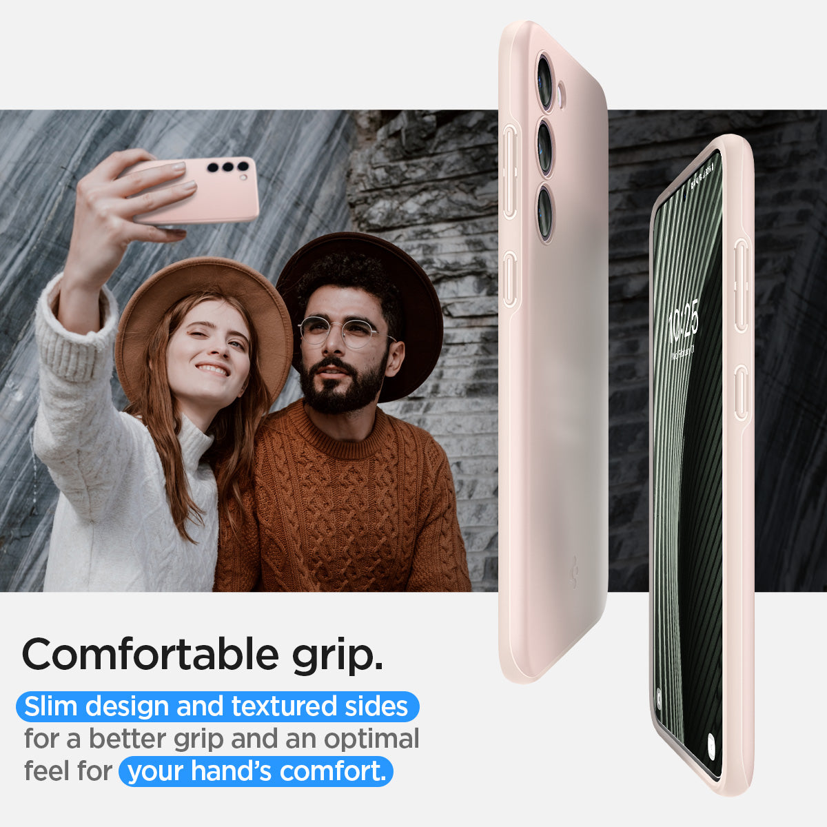 ACS06085 - Galaxy S23 Case Thin Fit in pink sand showing the comfortable grip. Slim design and textured sides for a better grip and an optional feel for your hand's comfort