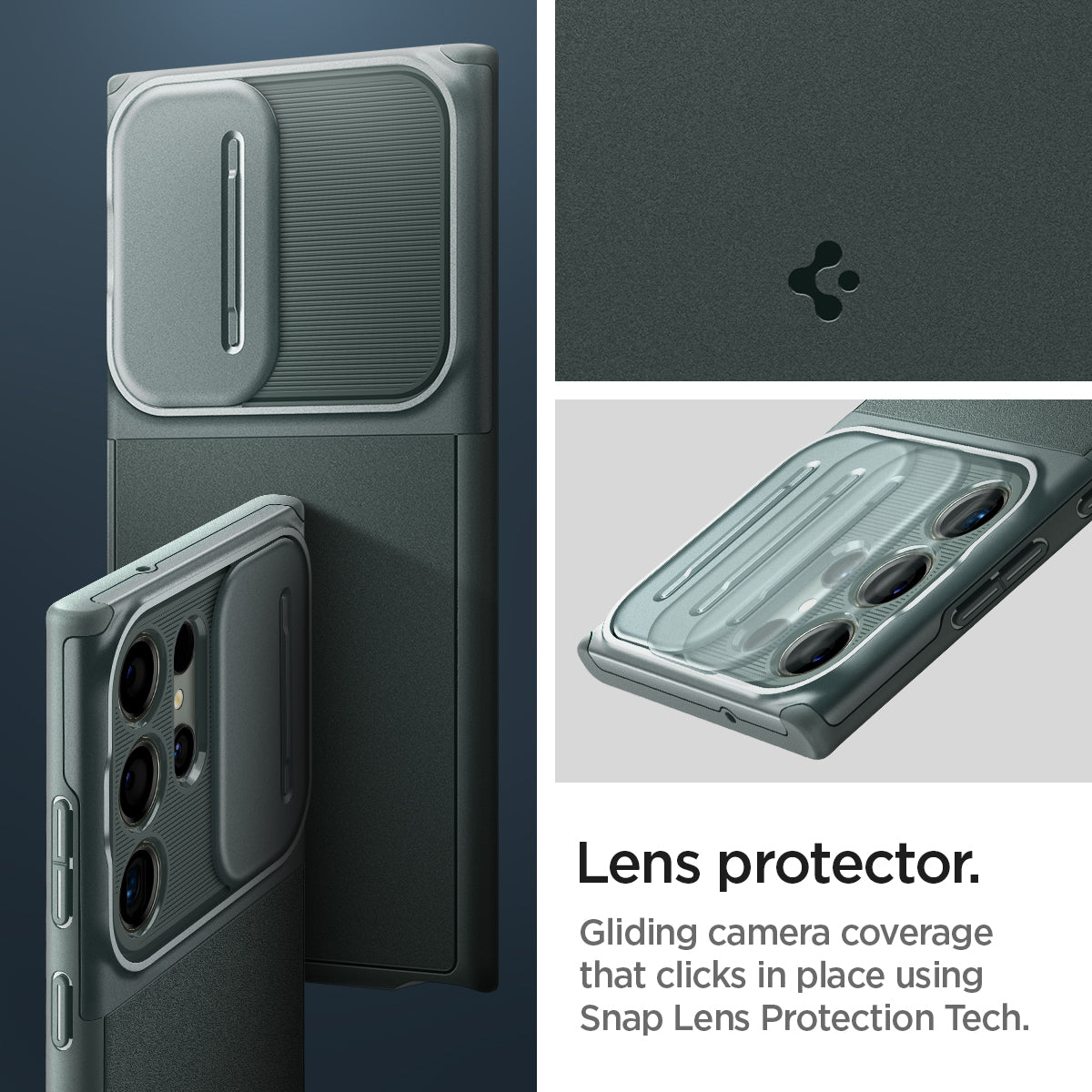 ACS06081 - Galaxy S23 Ultra Case Optik Armor in abyss green lens protector. Gliding camera coverage that clicks n place using Snap lens protection tech.