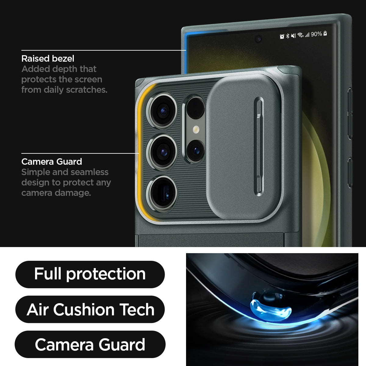 ACS06081 - Galaxy S23 Ultra Case Optik Armor in abyss green raised bezel added depth that protects the screen from daily scratches. camera guard protect the camera against drops and scratches from daily life. full protection. air cushion tech. camera guard.