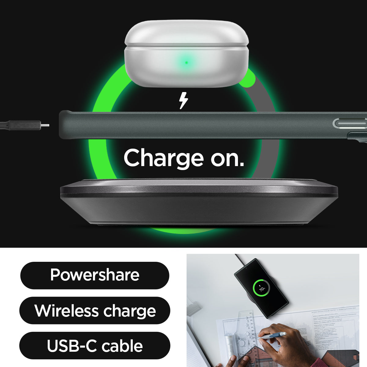 ACS06081 - Galaxy S23 Ultra Case Optik Armor in abyss green charge on. powershare. wireless charge. USB-C cable.