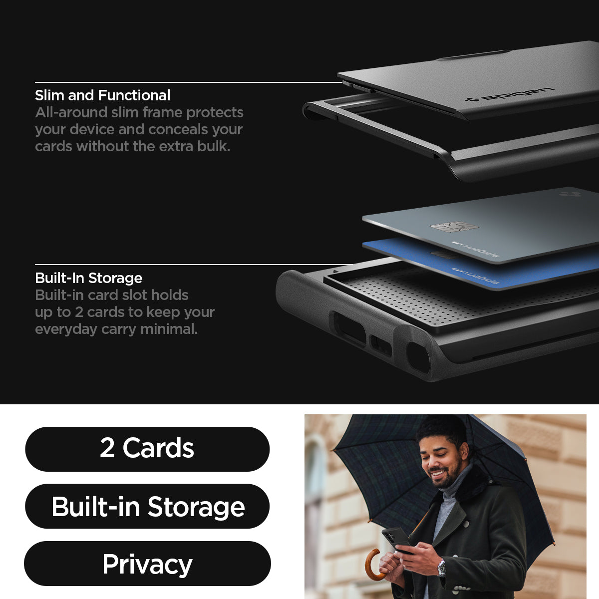 ACS05628 - Galaxy S23 Ultra Case Slim Armor CS in black slim and functional. All around slim frame protects your device and conceals your cards without the extra bulk. built in storage. built in card slot holds up to 2 cards to keep your everyday carry minimal.
